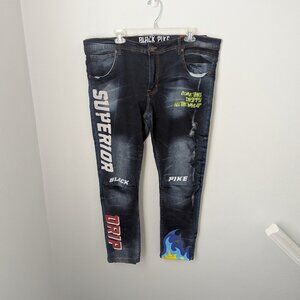 NWT Black Pike Men's Slim Fit Decorated / Graffiti Jeans, 40/32